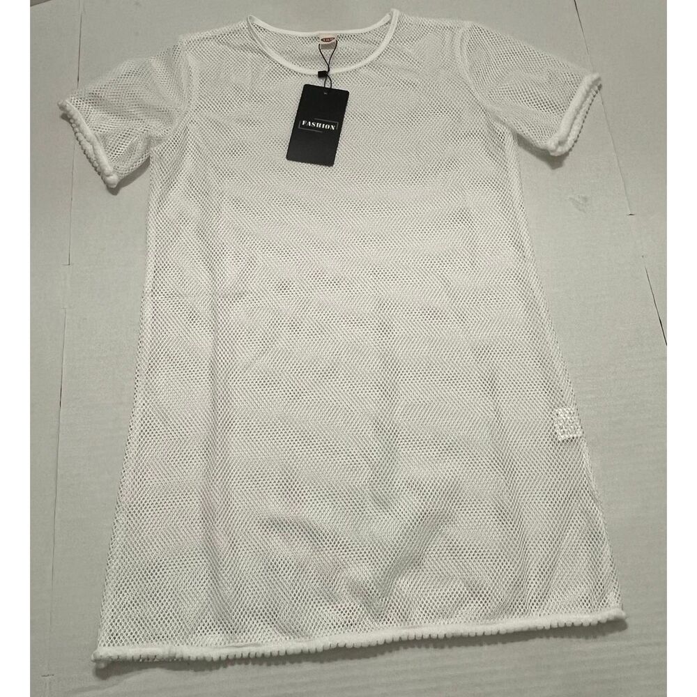 Girls White Mesh Beach Cover Up Dress Pom Pom Trim Size 150 NWT